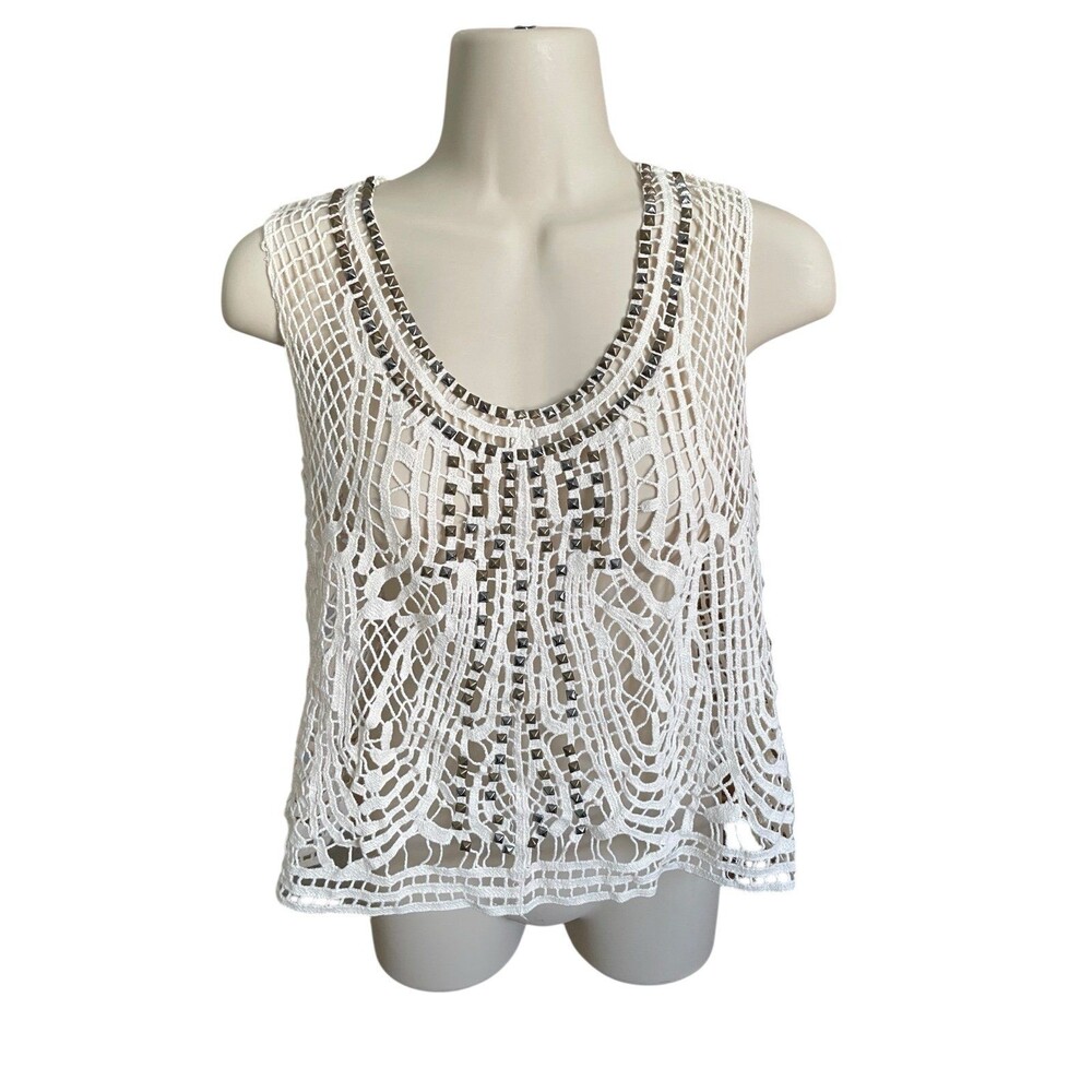 Ecote Boho Open Knit Studded Ivory Cotton Festival Tank Top Small size S